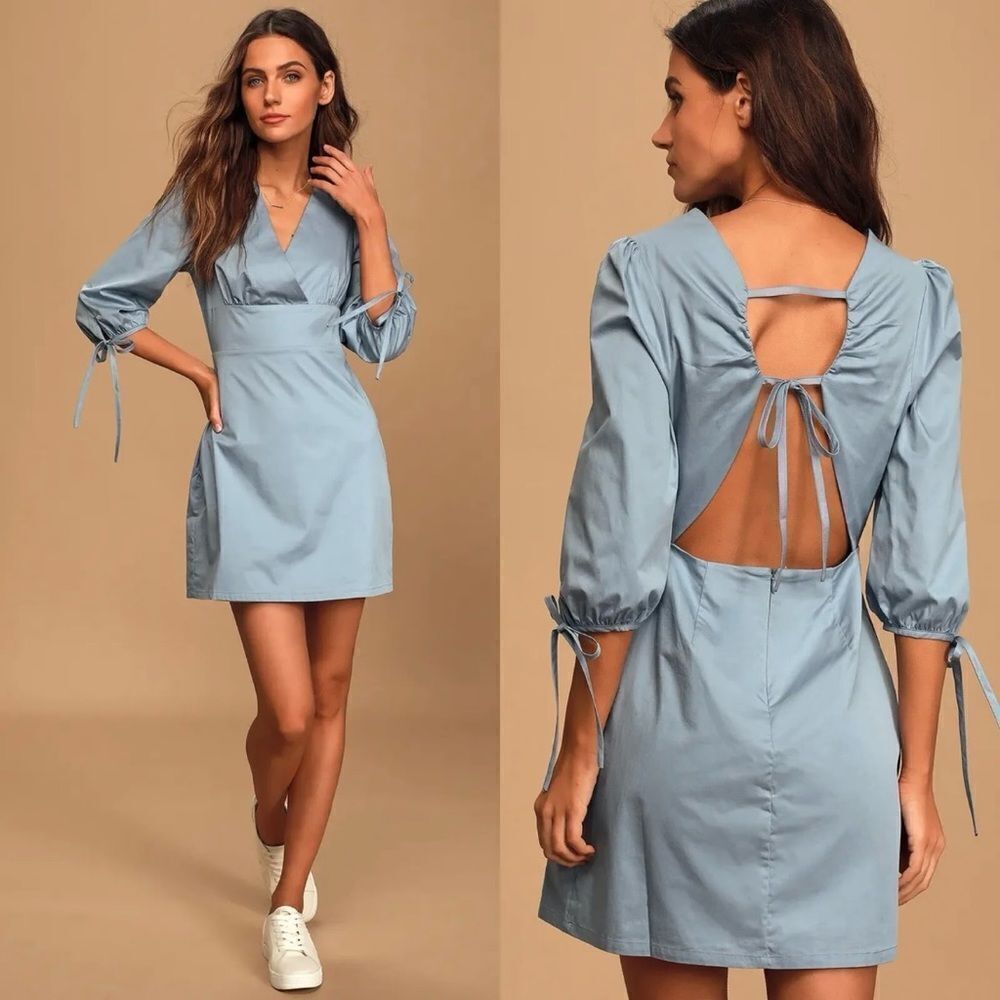 Lulus Dusty Blue Open Back V Neck A-Line Mini Dress